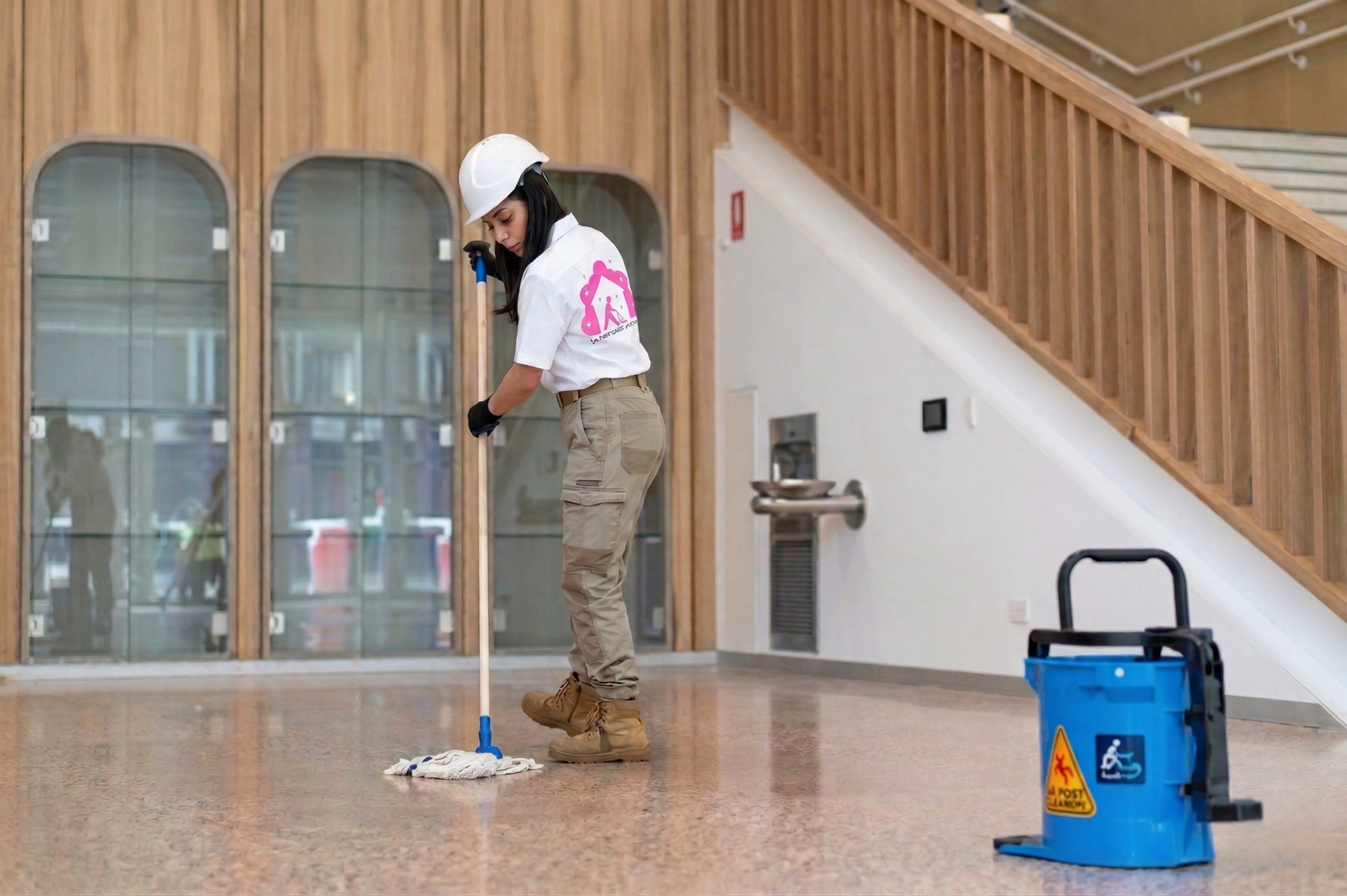 Professional cleaning in large commercial lobby
